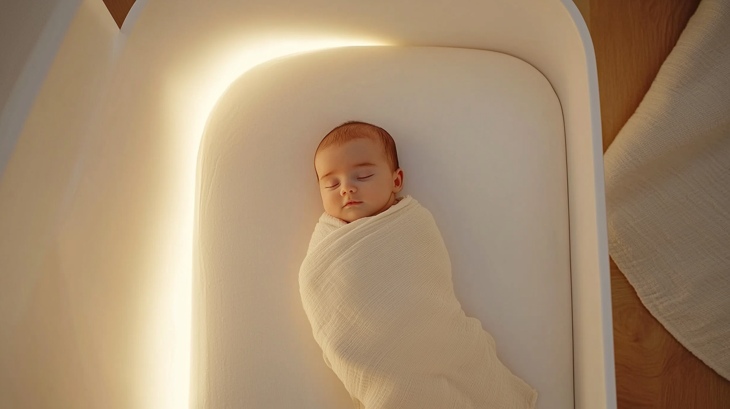 Overhead view of peacefully sleeping newborn baby (0-3 months) in modern white crib, swaddled in cream organic cotton blanket
